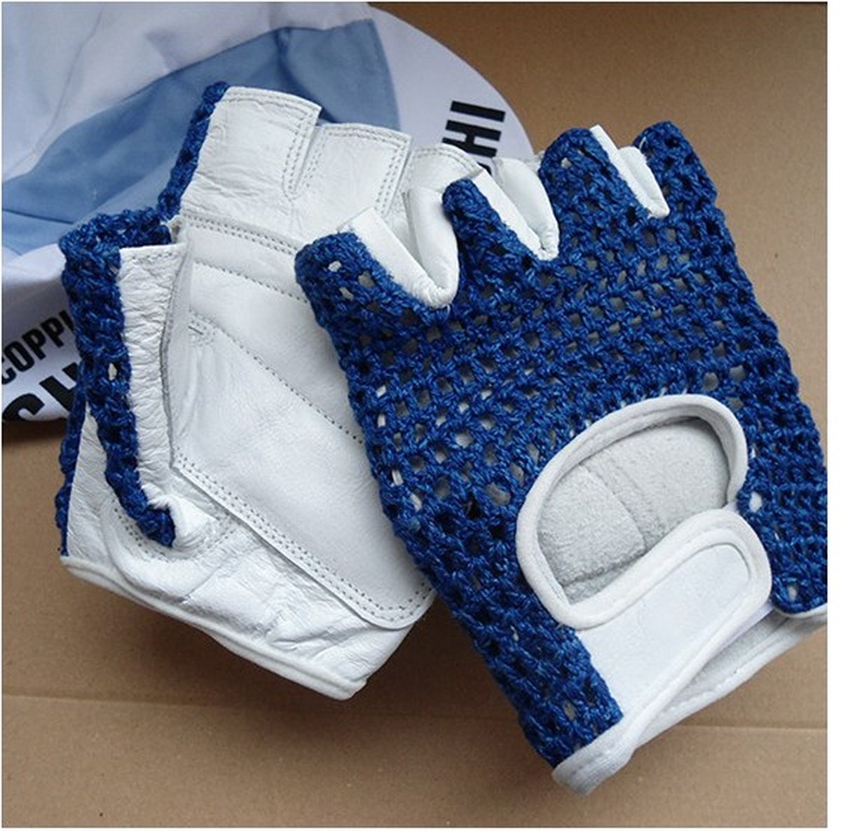 Retro Cycling fietshandschoenen zomer Blauw - Vintage style leather Cycling gloves-XL