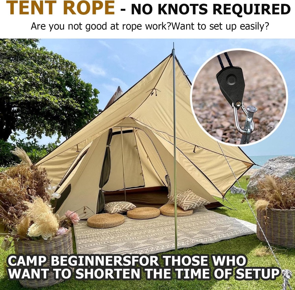 Lot De 6 Tendeurs à Cliquet Réfléchissants - Longueur Corde 5 M, Charge Max 68 Kg - Pour Tente, Bâche, Camping Et Fixation