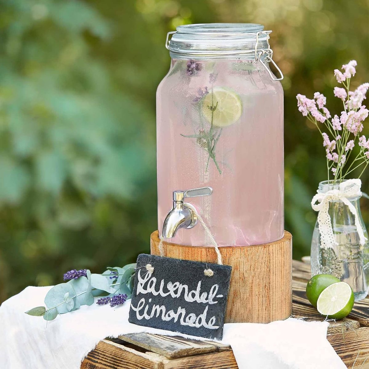 Glas drankdispenser Greta en met roestvrij staal tapkraan staat van eikenhout frisdrank dispenser met Kraantje