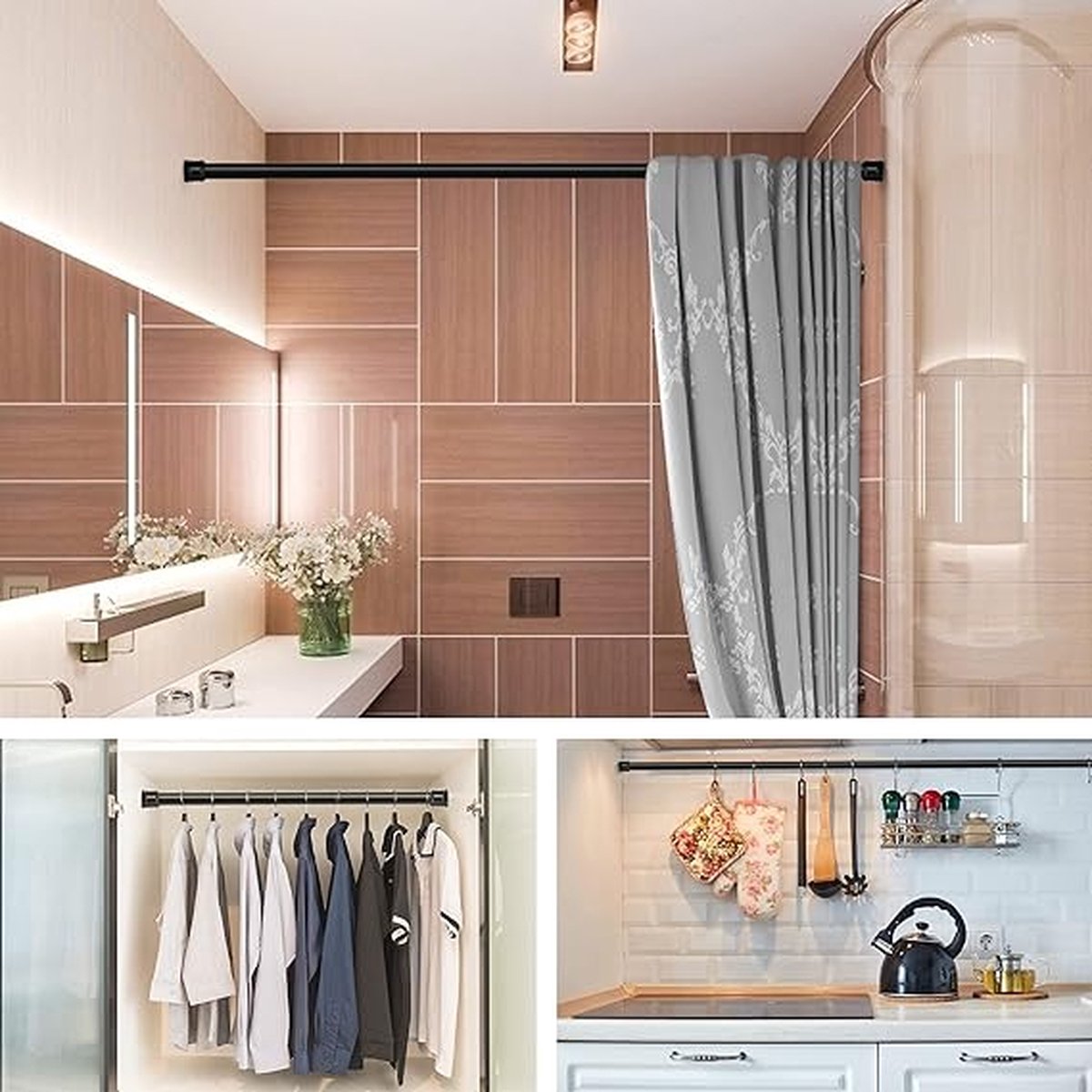 MEISENBERG Gordijnroede Zonder Boren, Uitschuifbare Douchestang 360-410 cm, Roestvrij Staal, Zwart, 32mm - Spanstang, Douchegordijnstang, Telescopische Roede voor Badkamer, Garderobe, Doorsnede