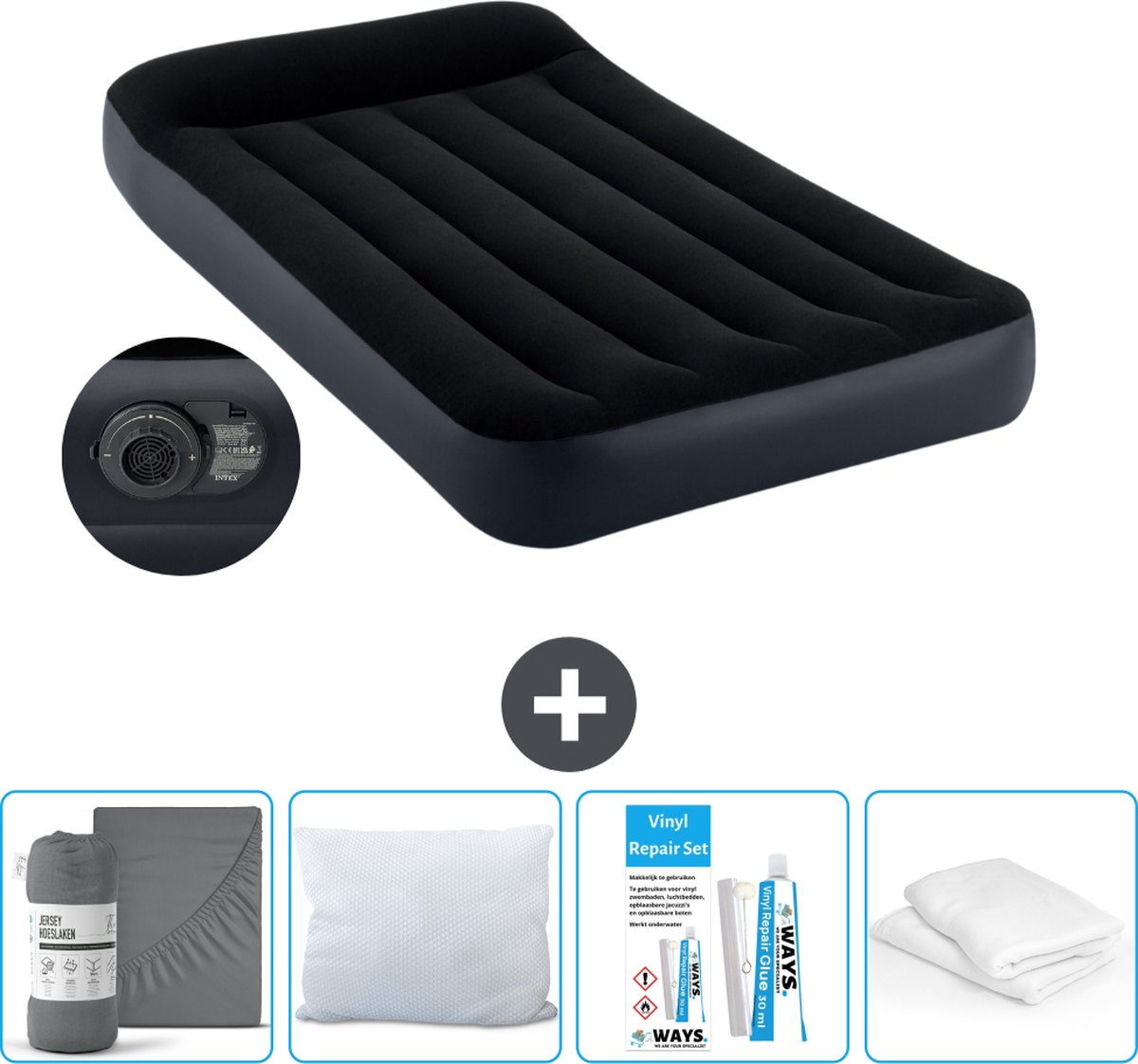 Intex Luchtbed - 1-Persoons - 99 x 191 x 25 cm - Blauw - Met ingebouwde pomp Hoeslaken Antraciet Kussen Molton 2 in 1 Kussenslopen en Reparatieset