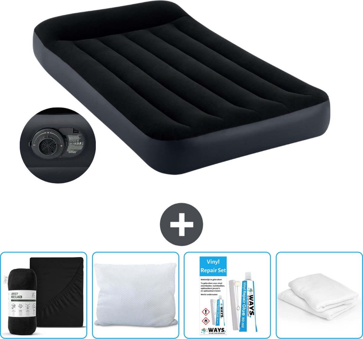 Intex Luchtbed - 1-Persoons - 99 x 191 x 25 cm - Blauw - Met ingebouwde pomp Hoeslaken Zwart Kussen Molton 2 in 1 Kussenslopen en Reparatieset