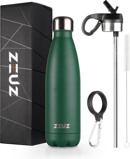 ZEUZ Premium RVS Thermosfles & Drinkfles - Isoleerfles – Waterfles met Rietje - BPA Vrij – 500 ml - Mat Groen