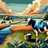 Modern koeien schilderij | Hedendaagse melkweg: een eigentijdse reimagining van het traditionele boerderijleven | Kunst - 100x100 centimeter op Canvas | Foto op Canvas