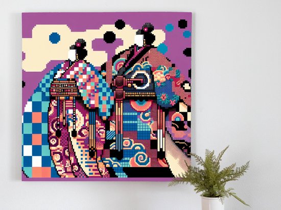 Pixel art dikke dames schilderij | De dikke dames dansen in een kleurrijk pixel paradijs | Kunst - 100x100 centimeter op Canvas | Foto op Canvas