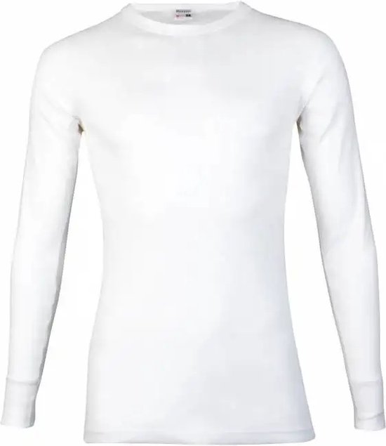 Wit heren T-shirt met lange mouwen, ronde hals en aansluitende pasvorm. Met merklogo op de kraag.