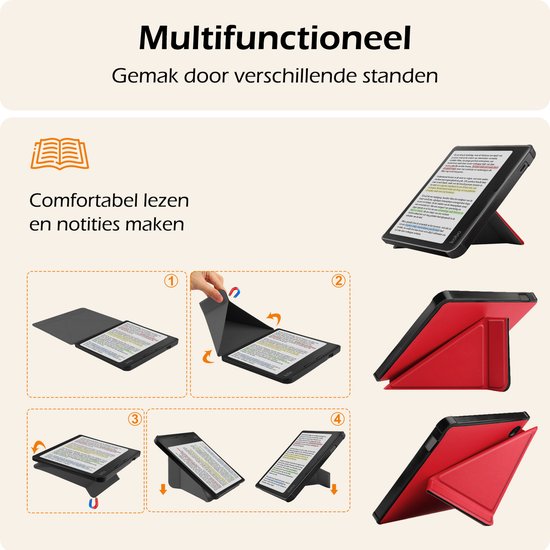 Hoesje Geschikt voor Kobo Libra Colour Hoes Book Case Trifold - Hoes Geschikt voor Kobo Libra Colour Hoesje Book Cover Met Screenprotector - Rood van Hoesje  — afbeelding 3