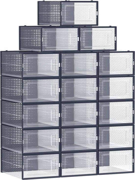 Rootz 18 Pack Shoe Box Organizer - Storage Container - Stackable Bins - PP Material - ABS Frame - Transparent Anthracite Blue - 33.5cm x 23.2cm x 14.3cm