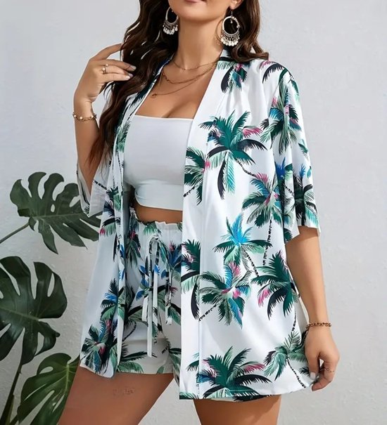 Sexy elegante 2 delige zomerset t shirt overhemd tropisch met korte broek plus size 1XL eu 46