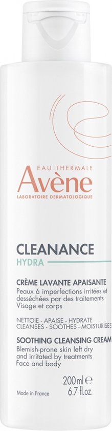 Witte fles met rode en blauwe tekst: Avène Cleanance HYDRA Soothing cleansing cream. Gezicht en lichaam. 200 ml.
