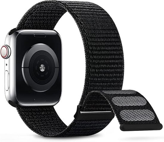 By Qubix Bracelet de sport en nylon - Zwart - Fermeture Velcro Extra résistante - Convient pour Apple Watch 42 mm - 44 mm - 45 mm - 49 mm