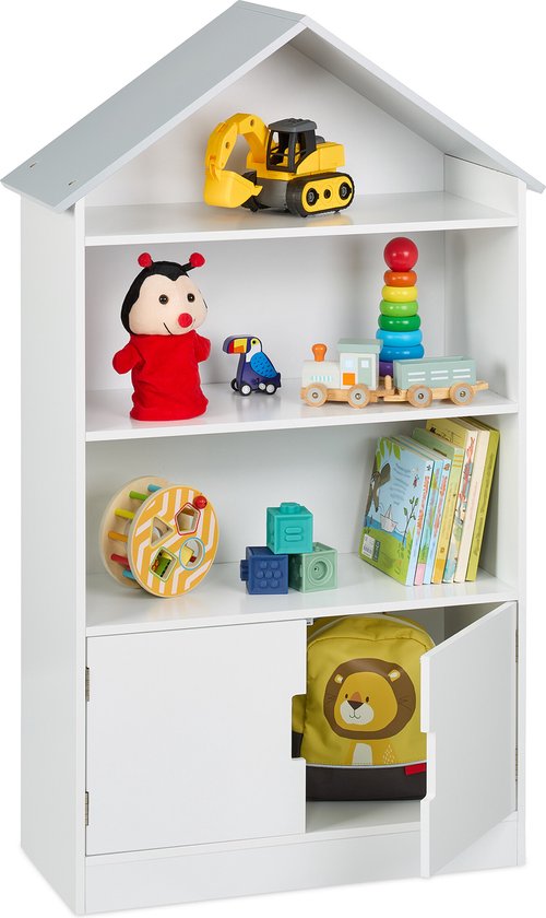 Relaxdays kinderkast huisje - boekenkast kinderkamer - speelgoedkast met dakje - wit/grijs