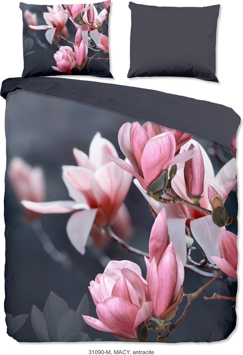 Pure dekbedovertrek magnolia bloemen - 2 persoons 200x200/220 cm - Antraciet - Microvezel Anthracite