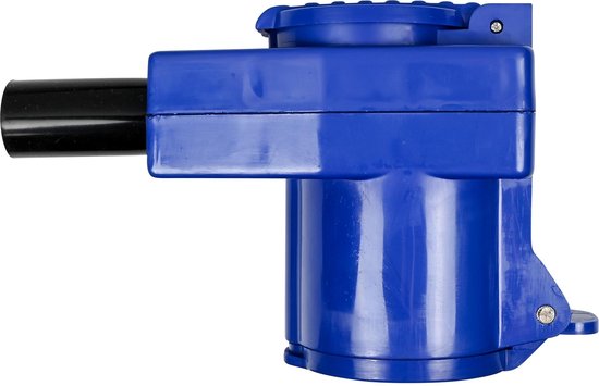 Blauwe haakse connector met gesloten klep en ronde zwarte aansluiting.
