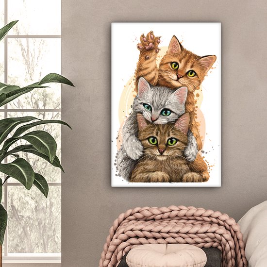 Toile - Illustration - Chatons - Chats - Animaux - Dessin - Peinture sur toile - 40x60 cm - Décoration de chambre