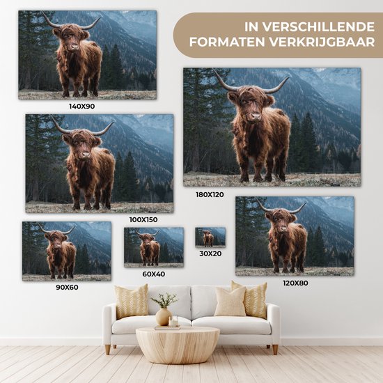 Canvas schilderij - Schotse hooglander - Berg - Landschap - Boom - Koe - Kamer decoratie - Canvas doek - Canvas schilderijen woonkamer - 30x20 cm