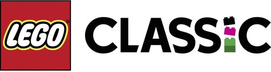 LEGO Classic logo in zwart en wit met rode LEGO-steentjes in de letter C.