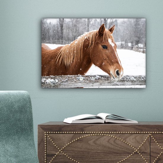 Tableau sur toile Cheval - Flocon de neige - Clôture - Hiver - 30x20 cm - Décoration murale