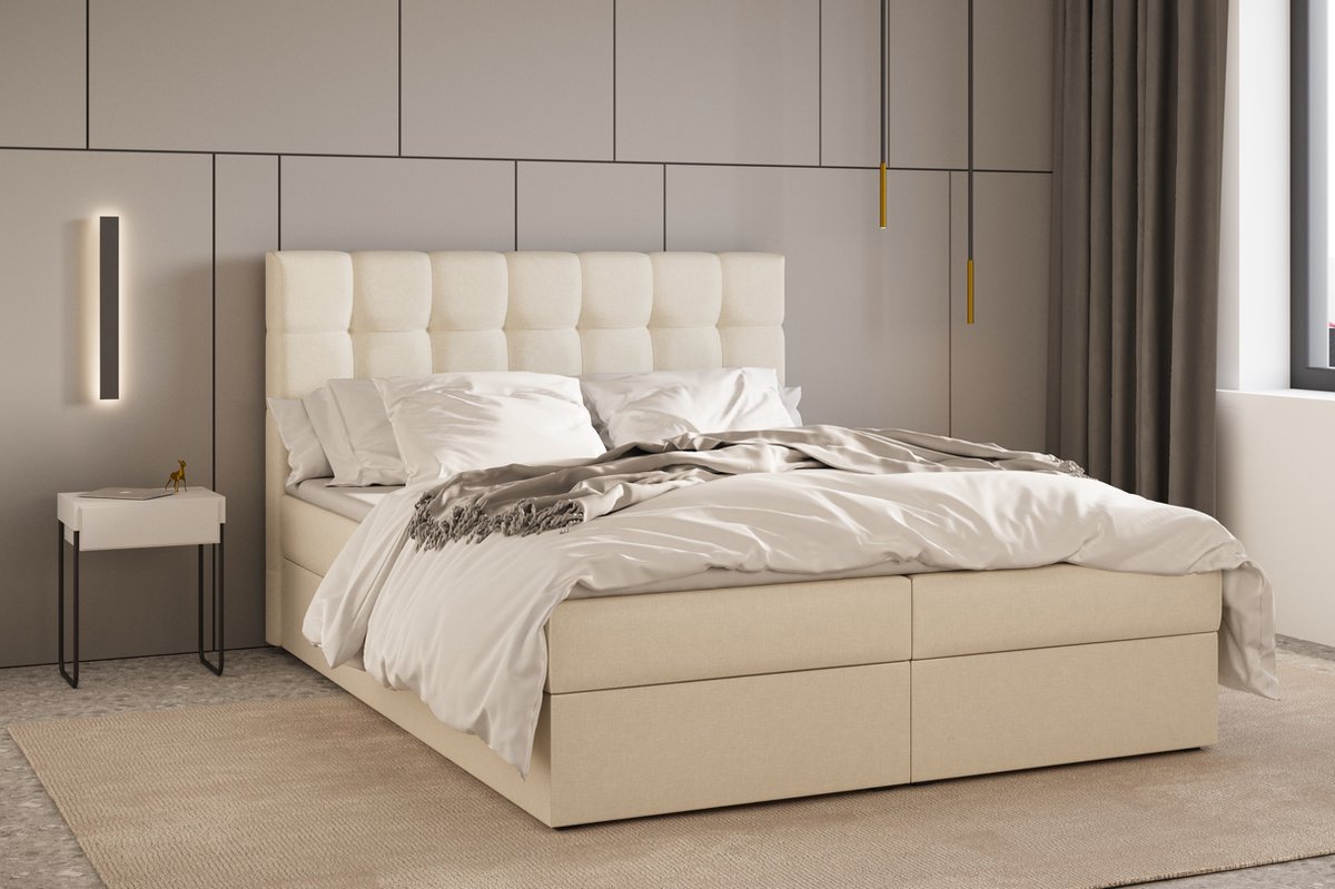 AJE Meubles B.V. Boxspring Bed 05 - Luxe en Comfort - Inclusief Topmatras - Verkrijgbaar in Meerdere Maten - Boxspringbed 05 (Beige - Hugo 01, 160x200 cm)