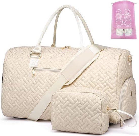 Reistas met toilettas 2-delig set voor dames (beige) met ritsen - reistas met schoenenvak, waterdicht, grote capaciteit 23,4 x 11 x 11,6 - Multifunctioneel als weekendtas, handbagagetas, sporttas, saunatas - stevig materiaal