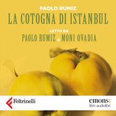 Audioboekhoes: gele achtergrond met twee kweeën en de titel 'La cotogna di Istanbul' door Paolo Rumiz en Moni Ovadia.