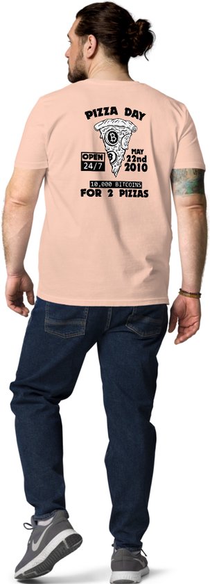 Bitcoin Pizza Day T-shirt - Rugprint - Unisex - 100% Biologisch Katoen - Kleur Donker Blauw - Maat S | Bitcoin cadeau| Crypto cadeau| Bitcoin T-shirt| Crypto T-shirt| Bitcoin Shirt| Bitcoin Merchandise| Crypto Merchandise| Bitcoin Kleding