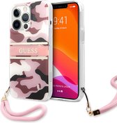 GUESS, Camo hoesje Geschikt voor Apple Geschikt voor Apple iPhone 13 Pro met nylon riem, Roze