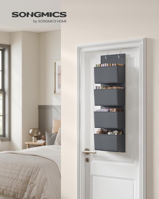 YOUDENOVA hangende organisator, deurorganizer, hangende opberger met 4 zakken en 2 metalen haken, hangende plank, stevige kledingkastorganizer, voor badkamer, slaapkamer, kinderkamer, beige