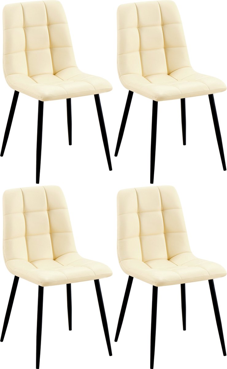 CLP Antibes Set van 4 Eetkamerstoelen - Zonder armleuning - Metaal frame - Kunstleer/creme
