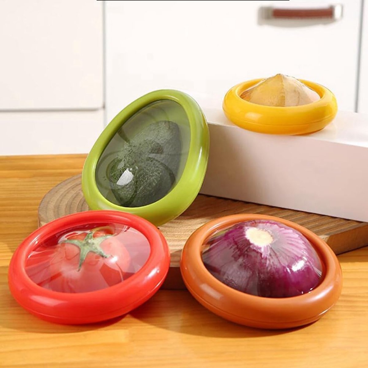 Vershouddozen met rekbaar deksel - luchtdicht - langdurige opslag van groente - citroen Saver - tomaat Saver - avocado Saver - Avocado Stretch Opslag - avocado-beschermer - Herbruikbare - set voor koelkast - 4 stuks