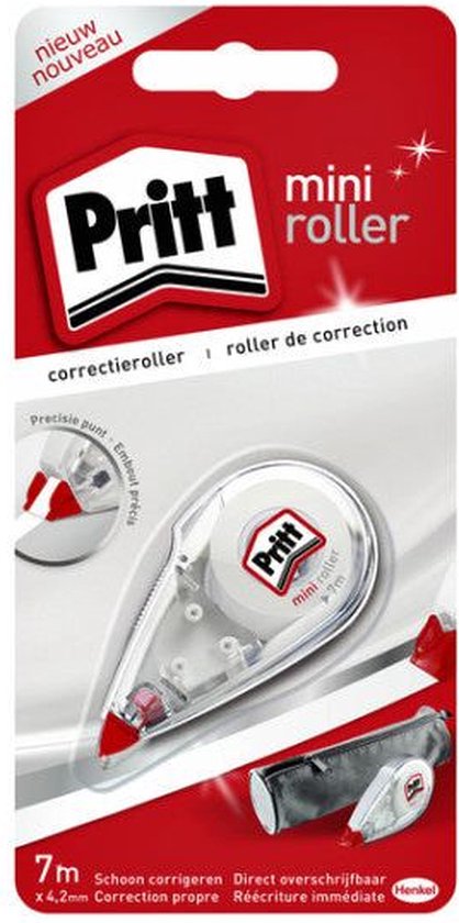 Rouleau correcteur Pritt mini, 7m x 4,2mm, emballé sur carte blister avec mention "nieuw nouveau".