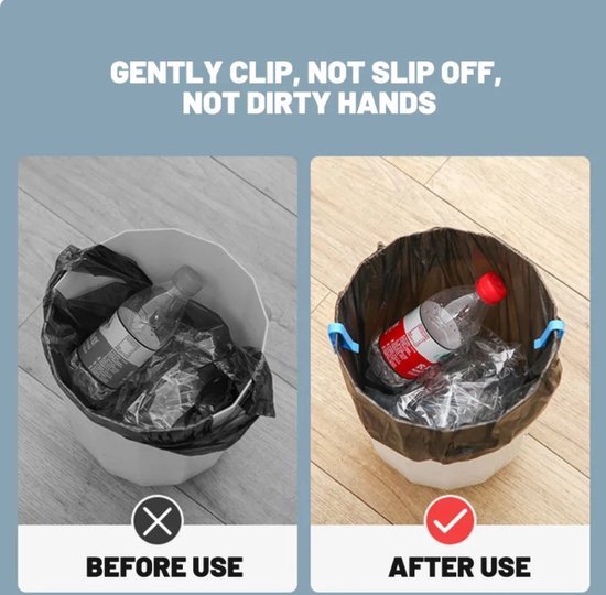 Vergelijking van een vuilnisbak voor en na gebruik van de blauwe clips. Tekst: GENTLY CLIP, NOT SLIP OFF, NOT DIRTY HANDS. BEFORE USE, AFTER USE.