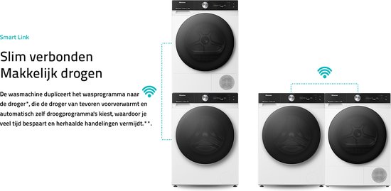 Twee Hisense wasmachines en een droger met elkaar verbonden via wifi. 'Smart Link'.