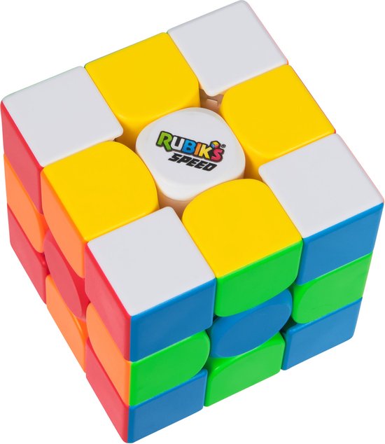 Rubik's Speed Cube met witte, gele, blauwe en rode zijden. Het logo van Rubik's Speed is in het midden zichtbaar.