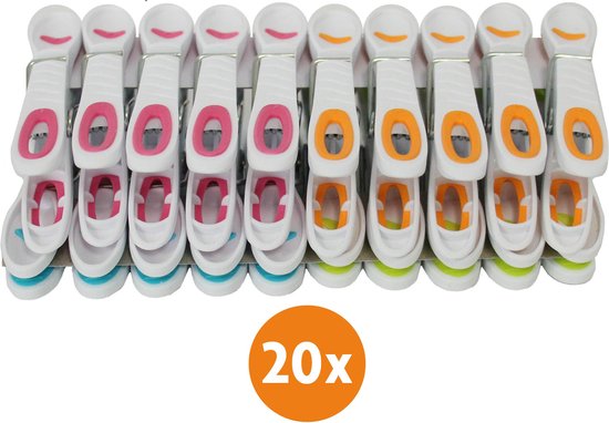 Foto: Laundryspecialist wasknijpers soft grip wit multicolor 20 stuks extra lang en stevig wasknijpers plastic wasknijpers kunststof gekleurde knijpers made in eu