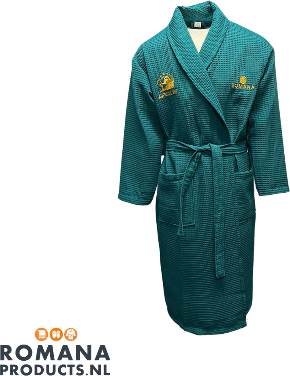 Aufguss WM Wafel - Badjas Ongevoerd - Petrol - Maat S/M - Badjas Unisex - Kamerjas - Ochtendjas - Voor Volwassenen - Man - Vrouw - Wellness