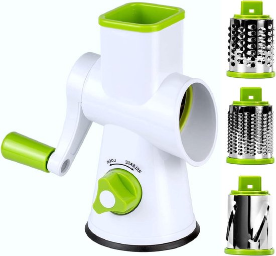 Lienffy Roterende kaasrasp met handvat, 3 verwisselbare messen voor keuken groentekaasversnipperaar snijmachine, moermolen, gemakkelijk te gebruiken en schoon te maken, roestvrij staal, zwart zilver