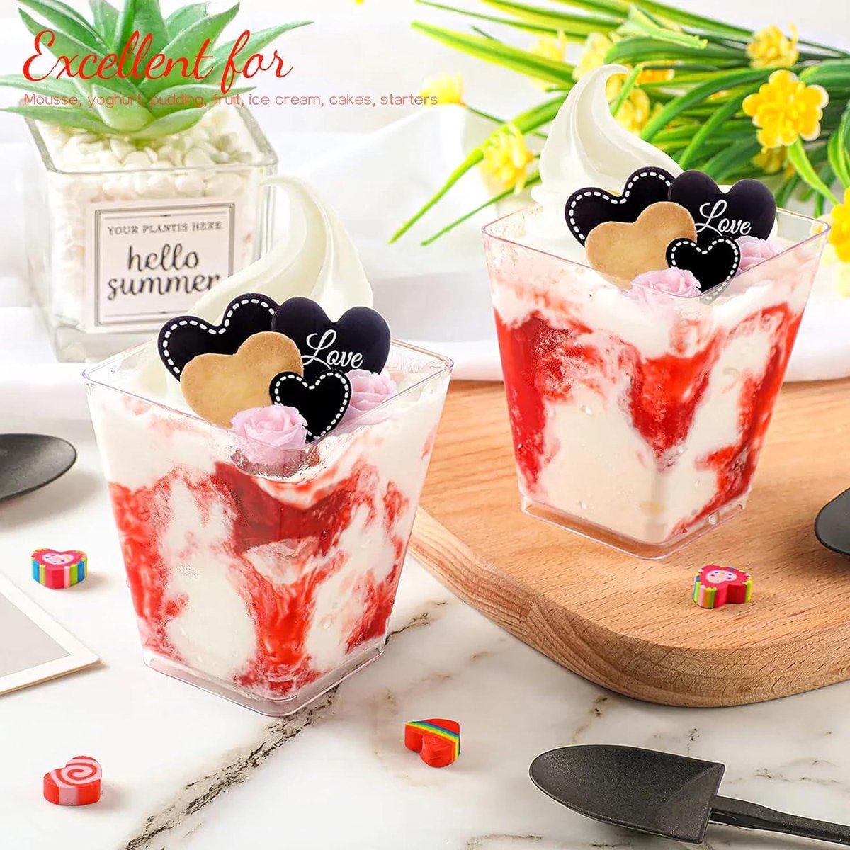 50x Dessertbekers 100 Ml Plastic Herbruikbaar Met Lepels - Ideaal Voor Feesten En Picknicks