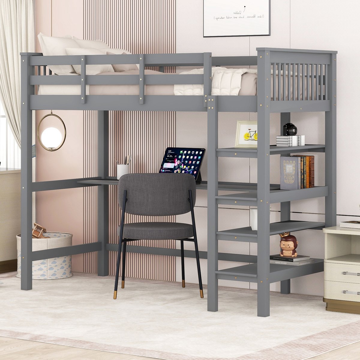 Sweiko Kinderbed, Kinderloft bed met Opbergvakken en Bedbureau, 90 x 200cm, Grijs.(Zonder stoelen)
