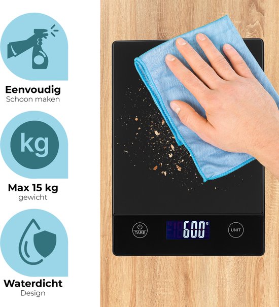 Balance de cuisine numérique de précision Pumpify - Balance de Cuisine - 1 gramme à 15 kg - Fonction tare - Résistante à l'eau - Zwart