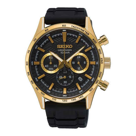 Seiko herenhorloge met gouden kast, zwarte wijzerplaat met gouden accenten, tachymeter en datumaanduiding.