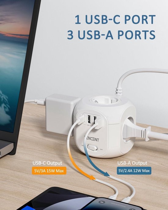 LENCENT 5-voudige stekkerdoos met USB