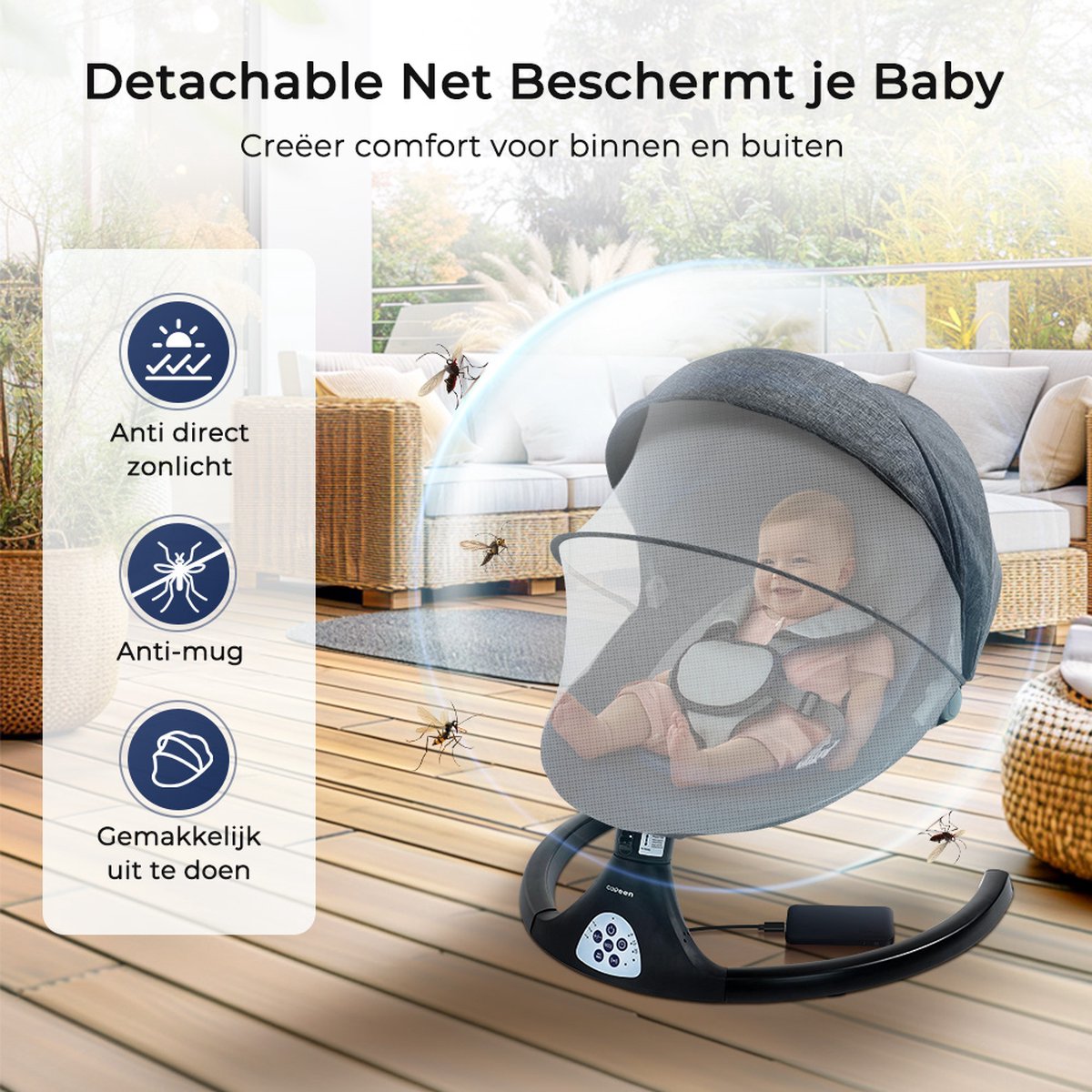Elektrische Wipstoel - met Timer Afstandsbediening Bluetoothmusic - 5 Zwenksnelheden en 3 Zitposities - Babyschommel - Donkergrijs thumbnail 5