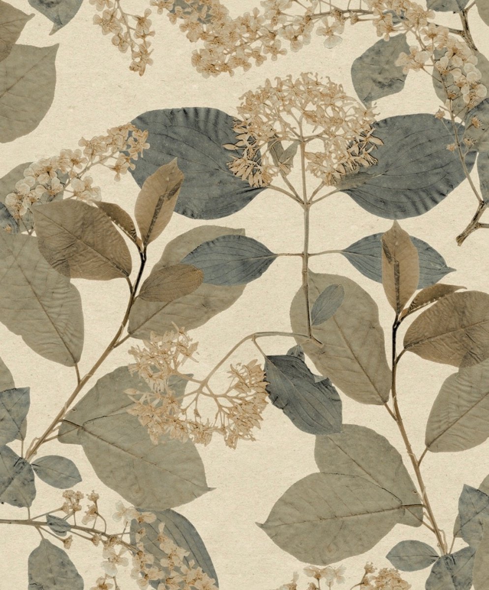 Herbarium - Vliesbehang - Leaves - Blaadjes - Blauw - 0,53 x 10,05 M.