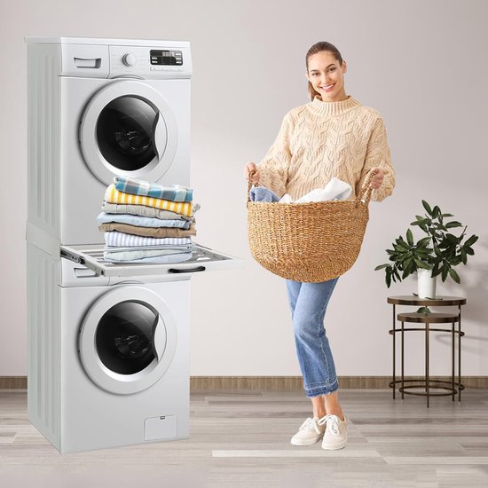 NIUXX Overlayset voor wasmachine en droger, stapelset, tussenframe voor wasdroger met plank, voor 53-68 cm wasmachine, wasdroger, verstelbare maat, wit