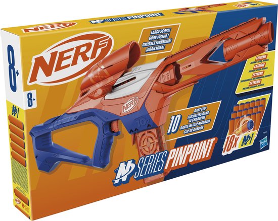 Doos van de Nerf N-Series Pinpoint blaster met oranje en blauwe kleuren en 18 darts.