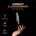 Grijze powerbank zweeft boven een hand, met tekst "Compact & Lichtgewicht".