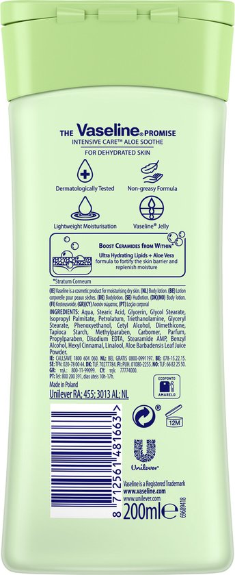 Lichtgroene fles Vaseline Intensive Care Aloe Soothe bodylotion met groene dop. Tekst: Intensive Care Aloe Soothe. 200ml.