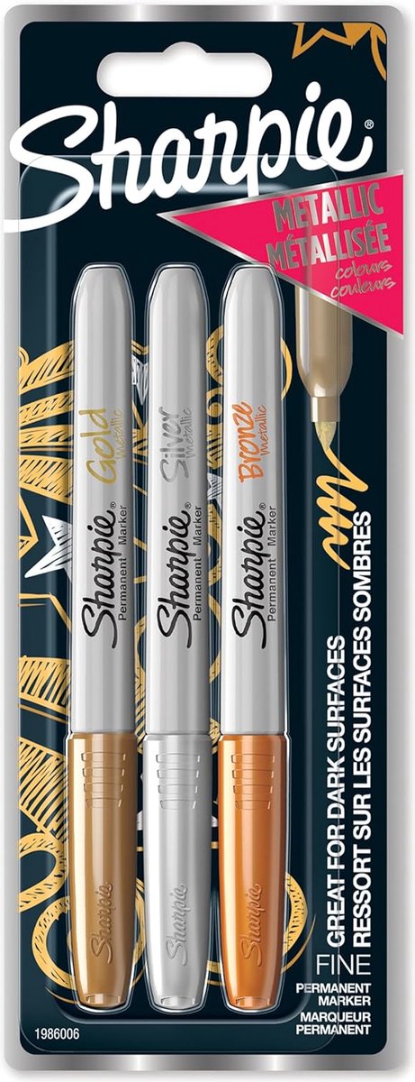 Sharpie Metallic permanente markers | Fijne punt | Gouden, zilveren en bronzen inkt | 3 stuks