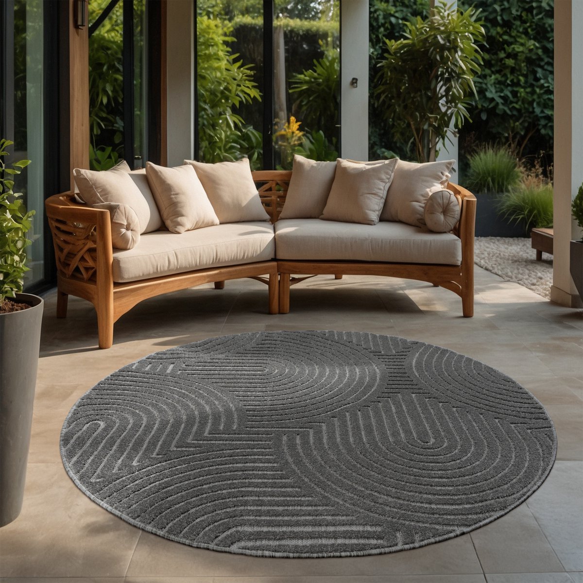Muratap Berlin Outdoor - Japandi - Rond - Grijs - Vloerkleed Binnen en Buiten - Laagpolig Tapijt Tuin- 120 CM ROND